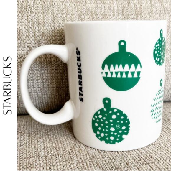 Starbucks 2016 Holiday Mug 12 oz White Ceramic with Green Ornament Design - Picture 1 of 7